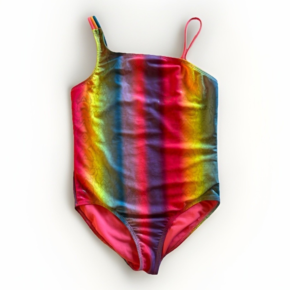 Wonder Nation Swimsuit Girls Large 10-12 Rainbow Stripe‎ Asymmetric One Piece